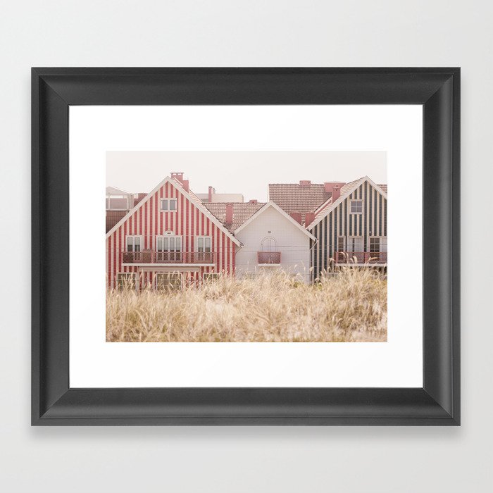 Beach Houses - red and blue stripped coastal house - travel photography Framed Art Print