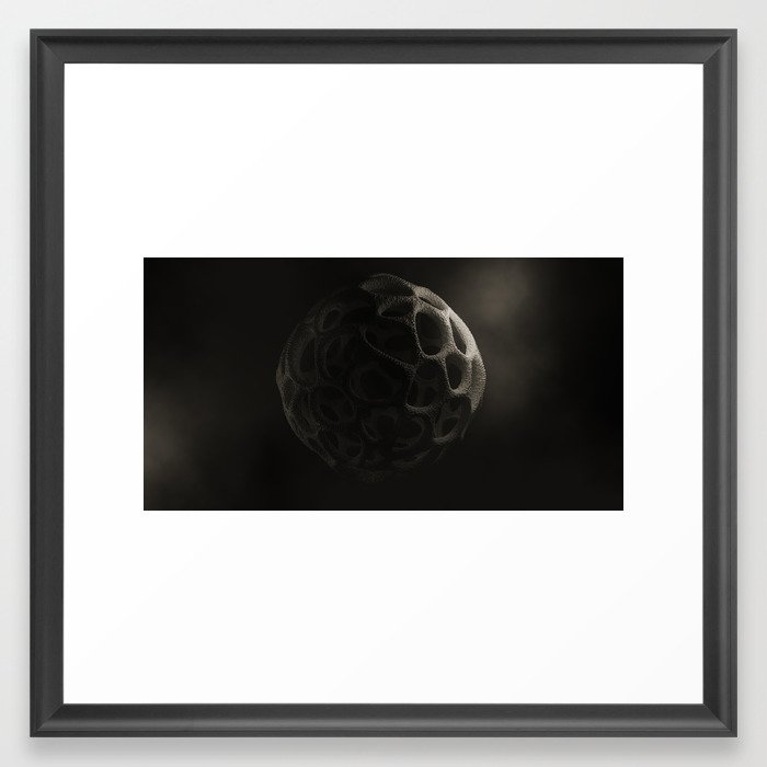 Abstract futuristic spherical structure with voronoi pattern.Organic alien texture. Dark art composition. 3D monochrome illustration Framed Art Print