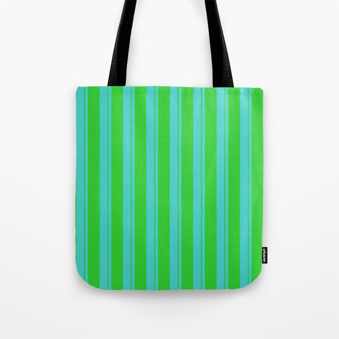 Turquoise and Lime Green Colored Pattern of Stripes Tote Bag