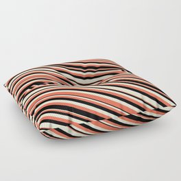 [ Thumbnail: Red, Black & Light Yellow Colored Striped Pattern Floor Pillow ]