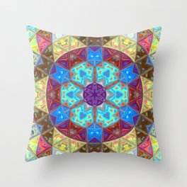 Mosaic Mandala Blue Yellow and Pink Throw Pillow