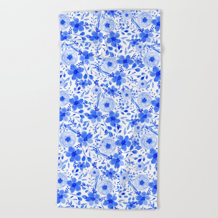 Blue and White Watercolor Florals Beach Towel