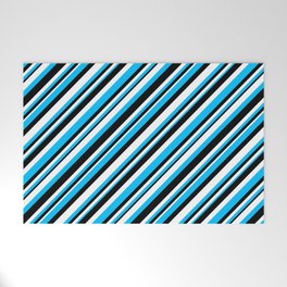 [ Thumbnail: Deep Sky Blue, Black, and White Colored Lined Pattern Welcome Mat ]
