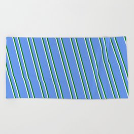 [ Thumbnail: Cornflower Blue, Green & Lavender Colored Lined Pattern Beach Towel ]