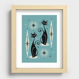Mid Century Meow Retro Atomic Cats on Blue Recessed Framed Print