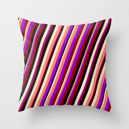 [ Thumbnail: Vibrant Dark Violet, Dark Red, Black, Bisque, and Salmon Colored Stripes Pattern Throw Pillow ]