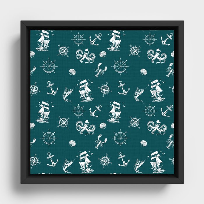 Teal Blue And White Silhouettes Of Vintage Nautical Pattern Framed Canvas