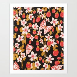 Strawberry Black Art Print | Spring, Botanical, Flower, Strawberry, Meadow, Floral, Berry, Easter, Drawing, Summer 