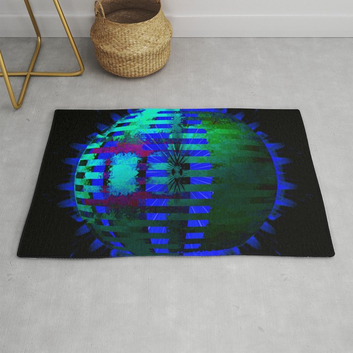 Green Layered Star in Blue Flames Rug