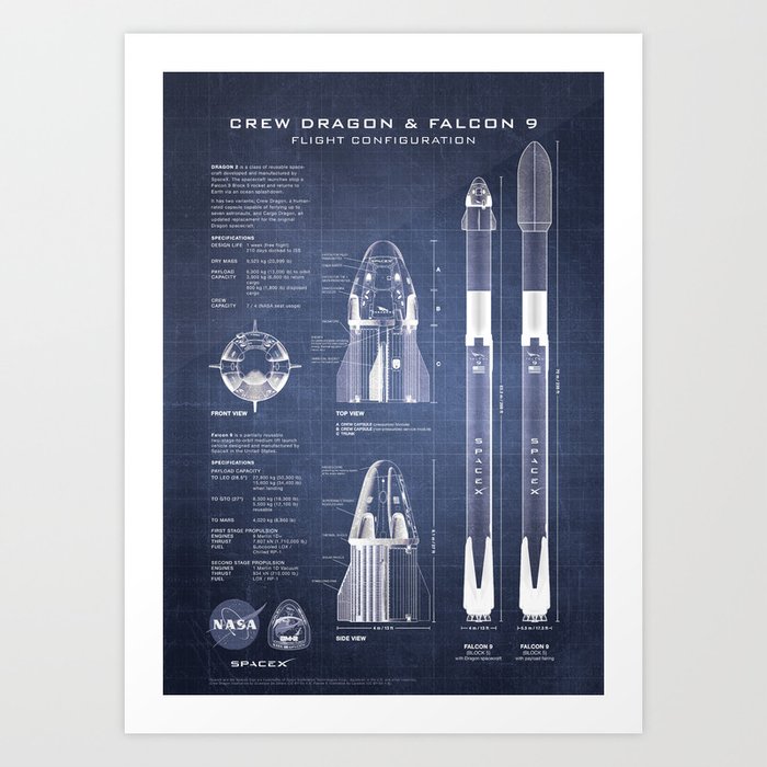 NASA SpaceX Crew Dragon Spacecraft & Falcon 9 Rocket Blueprint in High Resolution (dark blue) Art Print