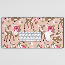 Seamless vintage pattern with cute vintage fawn on pink floral background.  Desk Mat