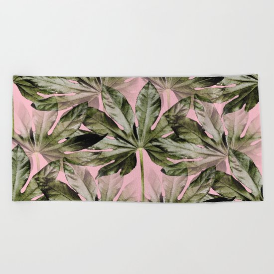 Large green leaves on a pink background - beautiful colors Beach Towel