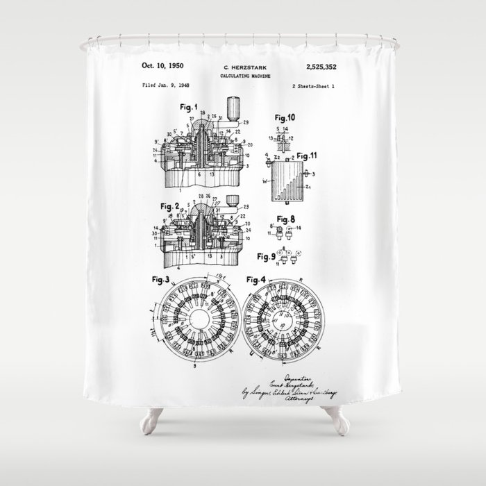 Curta Mechanical Calculator Patent Drawing Shower Curtain