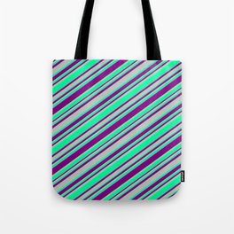 [ Thumbnail: Purple, Grey, and Green Colored Lines Pattern Tote Bag ]