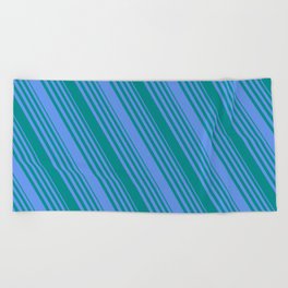 [ Thumbnail: Cornflower Blue and Dark Cyan Colored Striped/Lined Pattern Beach Towel ]