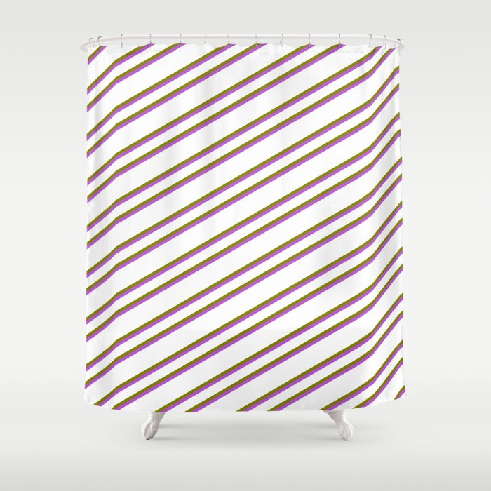 White, Green & Orchid Colored Pattern of Stripes Shower Curtain