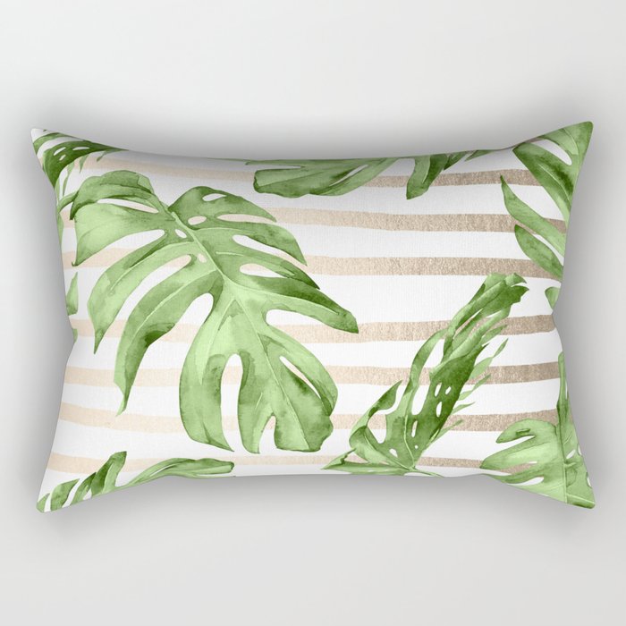 Simply Tropical White Gold Sands Stripes and Palm Leaves Rectangular Pillow
