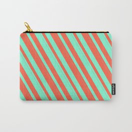 [ Thumbnail: Red & Aquamarine Colored Stripes Pattern Carry-All Pouch ]