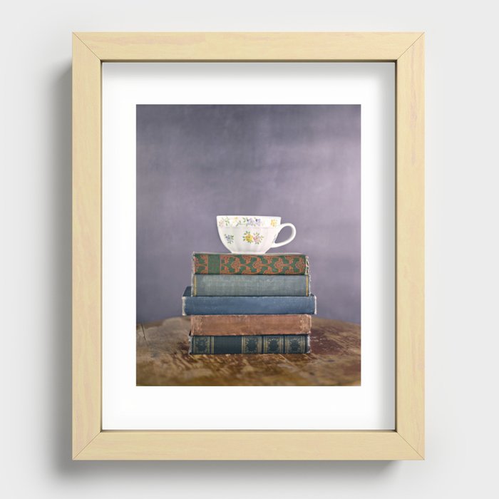 Teacup on a Stack of Vintage Books Recessed Framed Print