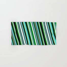 [ Thumbnail: Eyecatching Turquoise, Dim Grey, Light Cyan, Green & Black Colored Striped Pattern Hand & Bath Towel ]