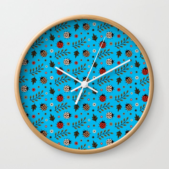 Ladybug and Floral Seamless Pattern on Turquoise Background Wall Clock