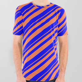 [ Thumbnail: Coral & Blue Colored Striped Pattern All Over Graphic Tee ]