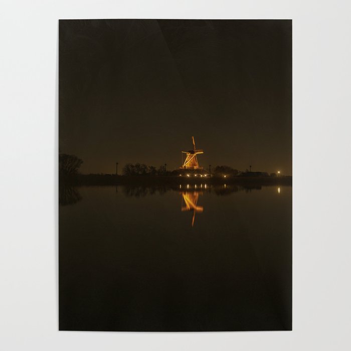 Dutch nightscape, windmill on the riverbank Poster