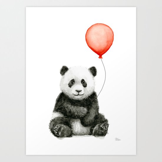 Panda and Red Balloon Baby Animals Watercolor Art Print