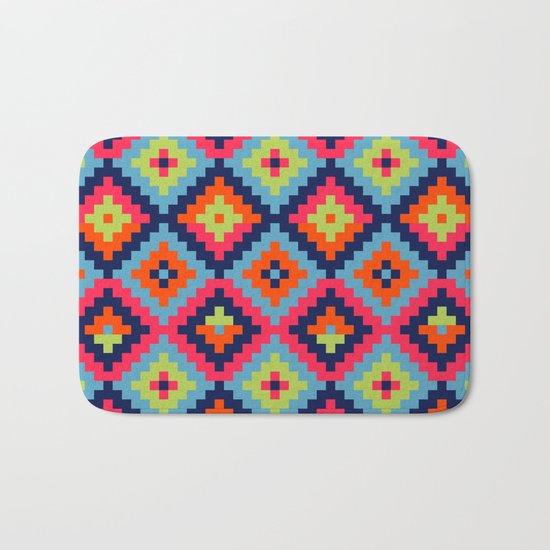 Aztec pattern - blue, green, orange, pink Bath Mat