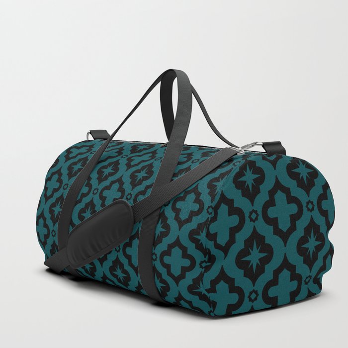 Teal Blue and Black Ornamental Arabic Pattern Duffle Bag