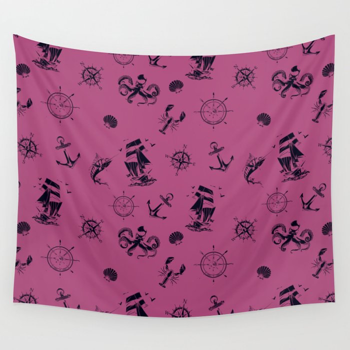 Magenta And Blue Silhouettes Of Vintage Nautical Pattern Wall Tapestry