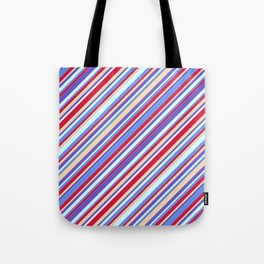 [ Thumbnail: Colorful Tan, Slate Blue, Light Cyan, Cornflower Blue & Crimson Colored Stripes Pattern Tote Bag ]