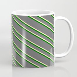 [ Thumbnail: Dim Grey, Beige & Dark Green Colored Striped/Lined Pattern Coffee Mug ]