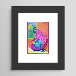 Still Life with Sushi, Cat, and Fish Bowl Framed Art Print | Pinkandorange, Fauvism, Matisse Style, Sushi, Raspberrypink, Funny, Acrylic, Agressivepink, Cut Outs, Cat 