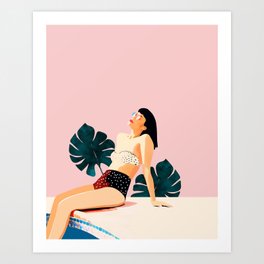 Sunday, Summer Swim Poolside Fashion, Bohemian Woman Sunbath Tan Bikini Monstera Tropical Travel Art Print