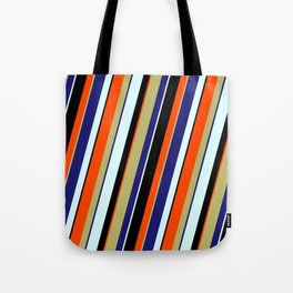 [ Thumbnail: Colorful Dark Khaki, Midnight Blue, Light Cyan, Black & Red Colored Lined/Striped Pattern Tote Bag ]