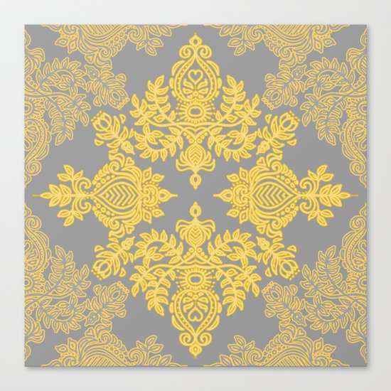 Golden Folk - doodle pattern in yellow & grey Canvas Print