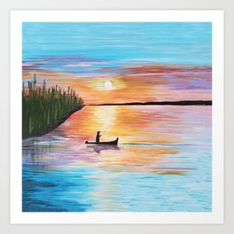 Acrylic Sunset on Lake with Fisherman Art Print