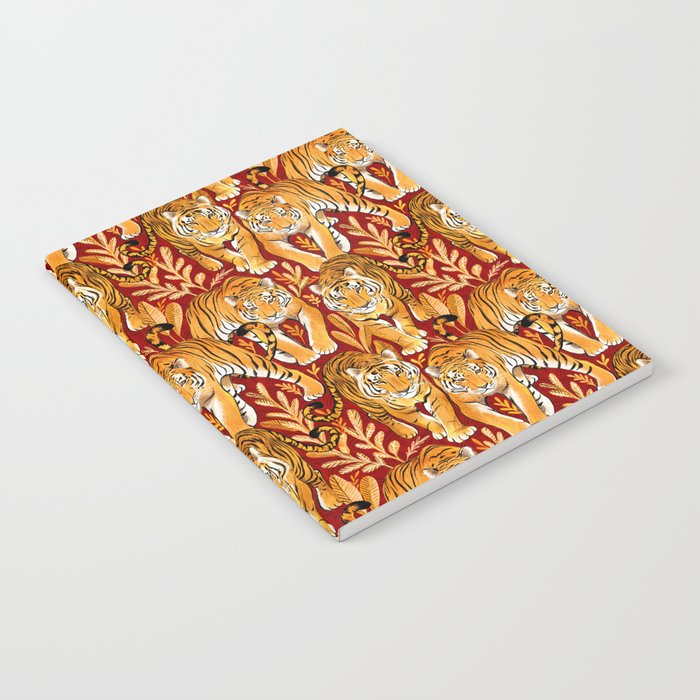 The Hunt - Golden Orange Tigers on Crimson Red Notebook