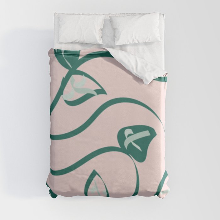 Green Leaves Pink Background Abstract Vector Art Duvet Cover
