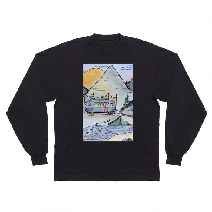 Vintage camping van in the mountains under a full moon- Illustration Long Sleeve T Shirt