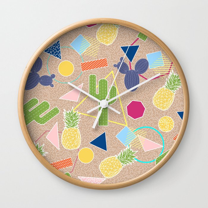 Modern cactus geometric Memphis inspired pattern Wall Clock