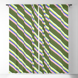 [ Thumbnail: Colorful Yellow, Royal Blue, Pink, Dark Olive Green, and Light Cyan Colored Lined/Striped Pattern Blackout Curtain ]