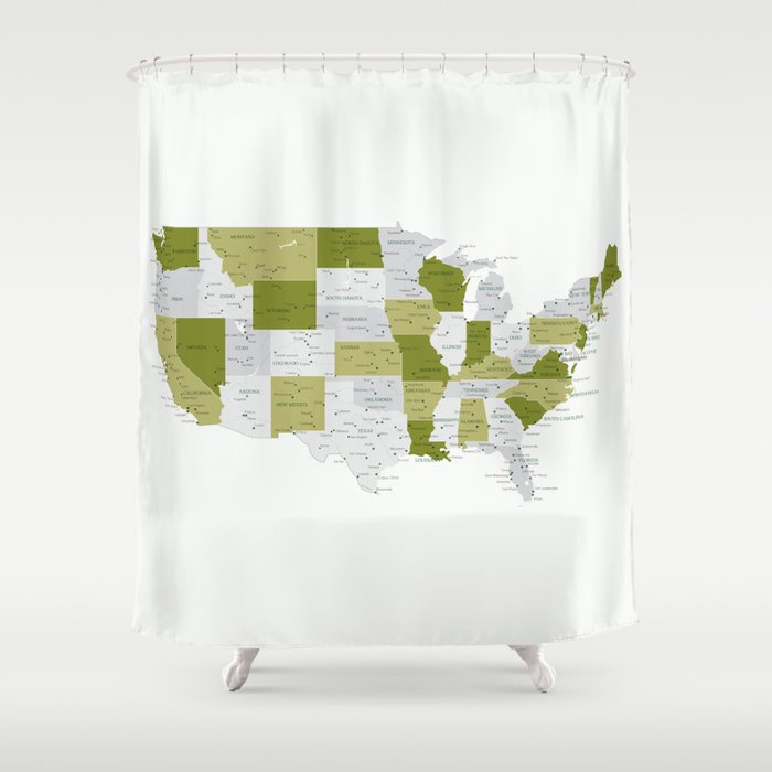 Green And Grey Usa Map With Labels Shower Curtain By Blursbyaishop