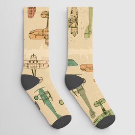 Airplanes. Retro seamless pattern on vintage old paper. Plus three objects cracked surface. Grunge effects Socks