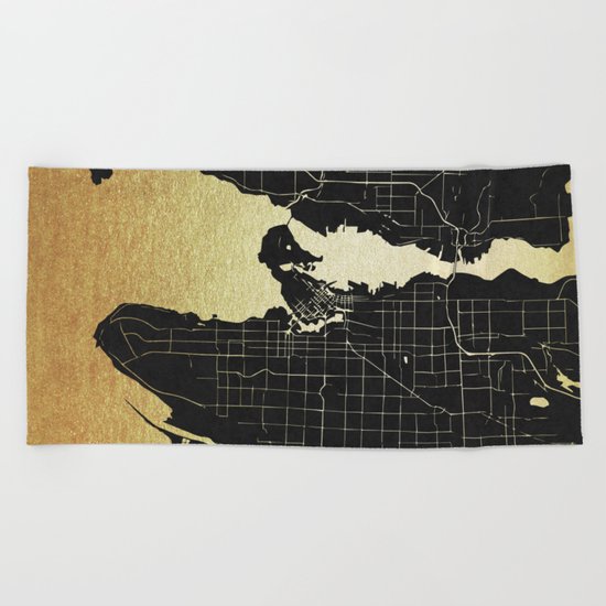 Vancouver Canada Black and Gold Map Beach Towel
