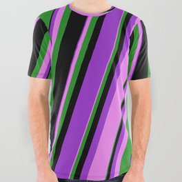 [ Thumbnail: Dark Orchid, Violet, Forest Green, and Black Colored Lines Pattern All Over Graphic Tee ]