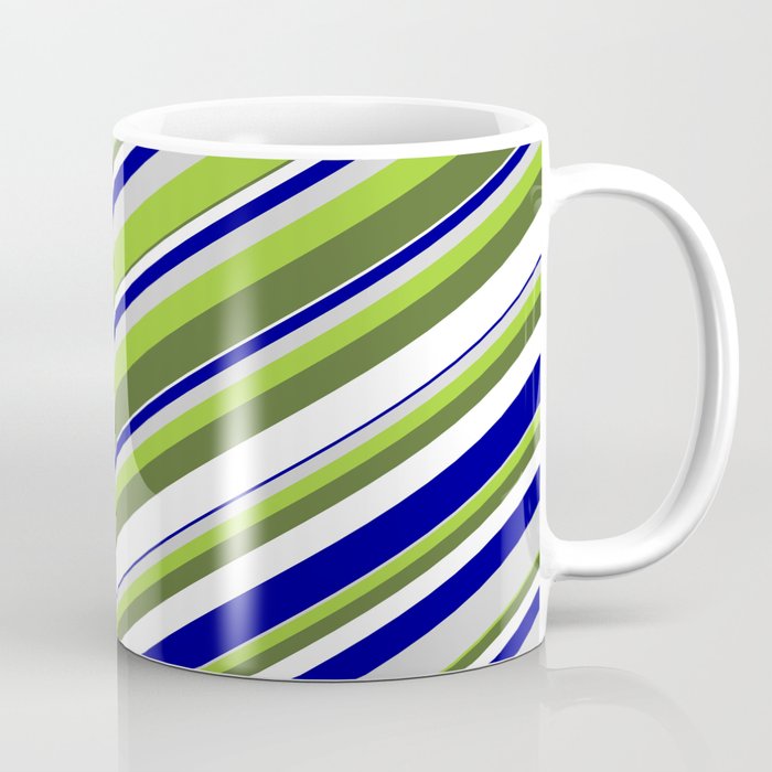 Vibrant Green, Dark Olive Green, White, Dark Blue & Light Grey Colored Lines/Stripes Pattern Coffee Mug