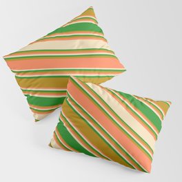 [ Thumbnail: Coral, Tan, Forest Green, and Dark Goldenrod Colored Stripes/Lines Pattern Pillow Sham ]