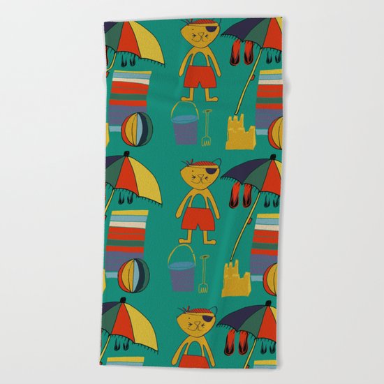 Cat pirate at the beach green Beach Towel